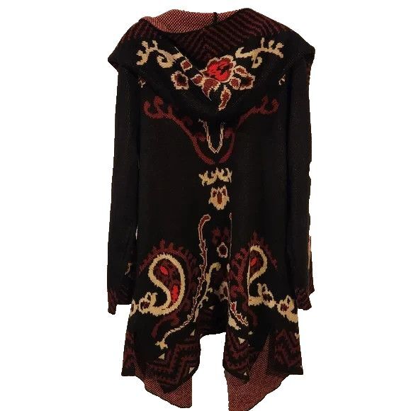 Vertigo Paris Size XL Black Floral Paisley Print Hooded Long Sweater Cardigan - Picture 2 of 5